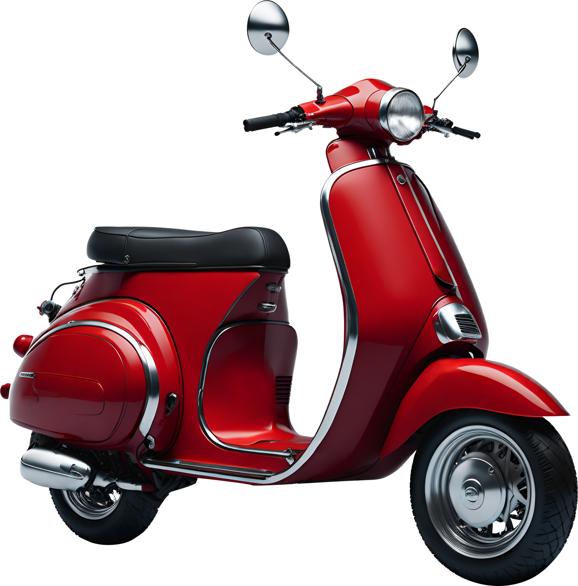 Un scooter rouge avec un siège noir sur fond blanc