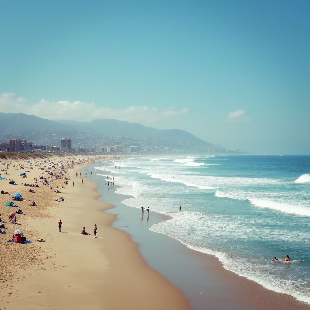 Beach scene: People on sandy shore, waves, blue sky, buildings and mountains in the distance.