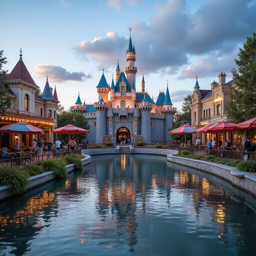 Cinderella's castle at dusk, reflected in water, flanked by buildings with outdoor seating.
