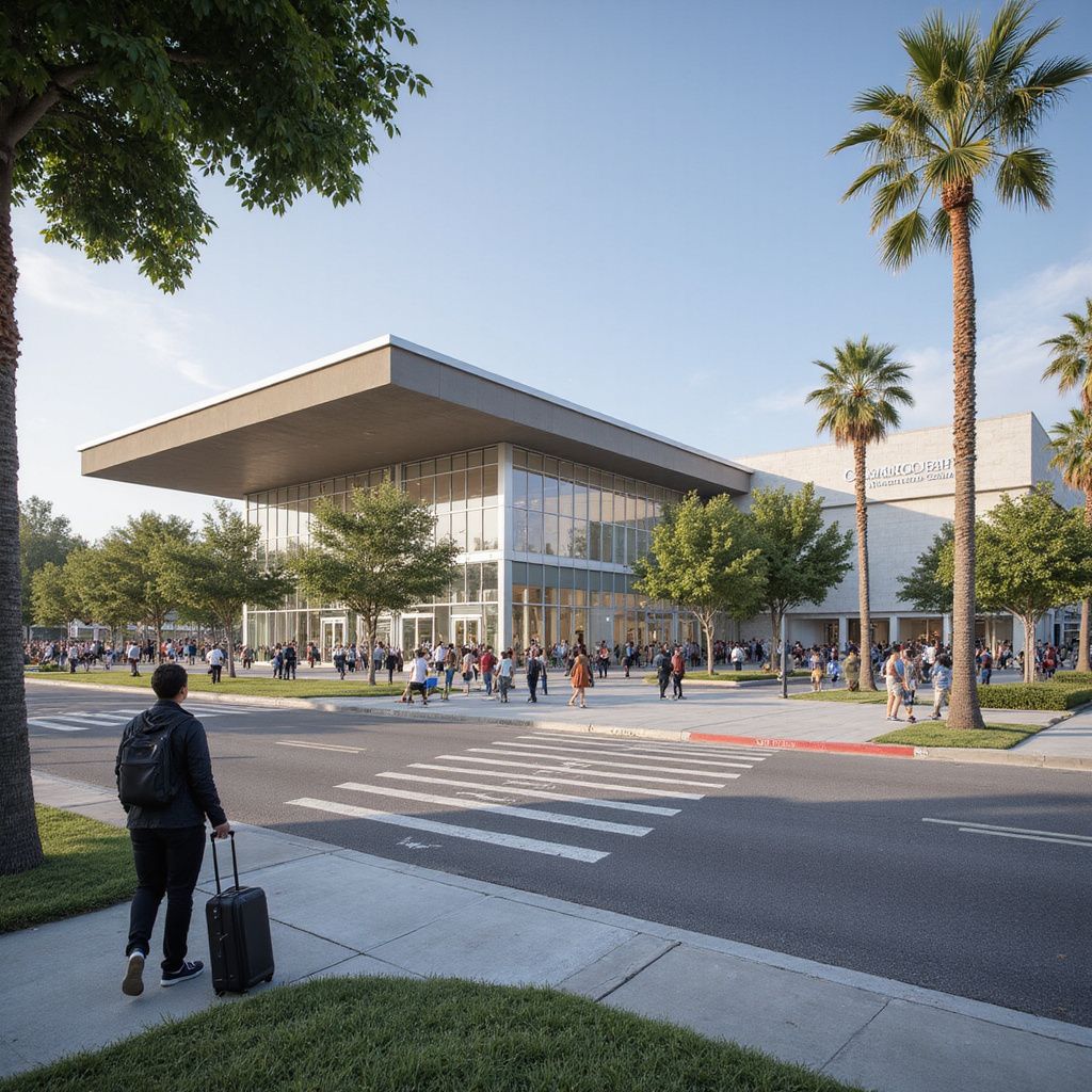 Exterior view of a modern building with large windows and people walking; palm trees and a crosswalk are in the foreground.
