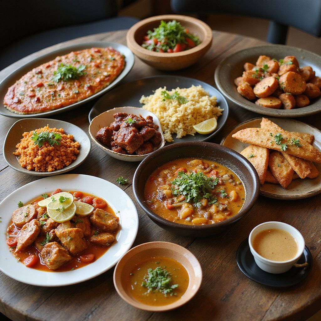 Assorted Indian dishes on a wooden table, including curry, rice, and fried bread.