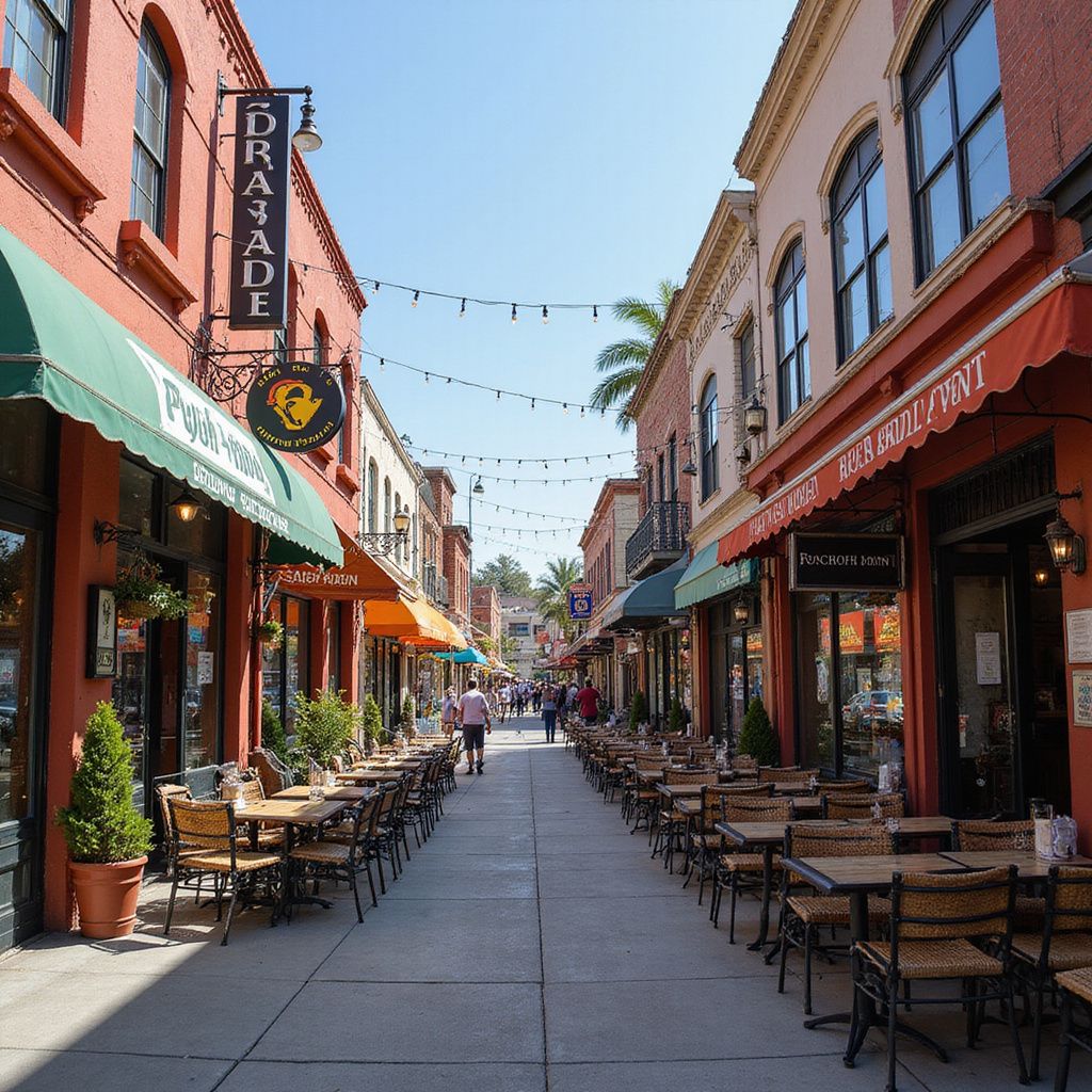 Narrow pedestrian street lined with restaurants, outdoor seating, and awnings.