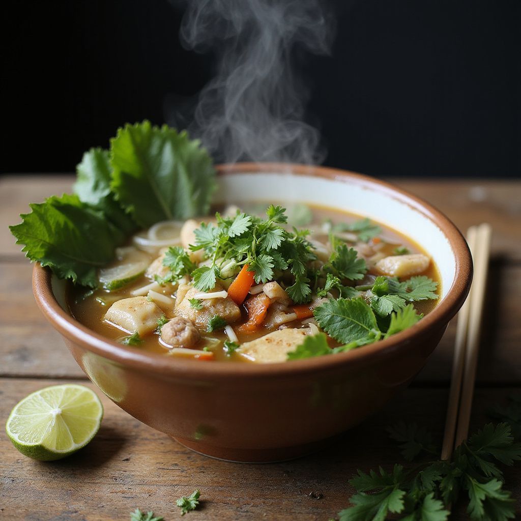 Steaming bowl of soup with cilantro and lime on a wooden table.