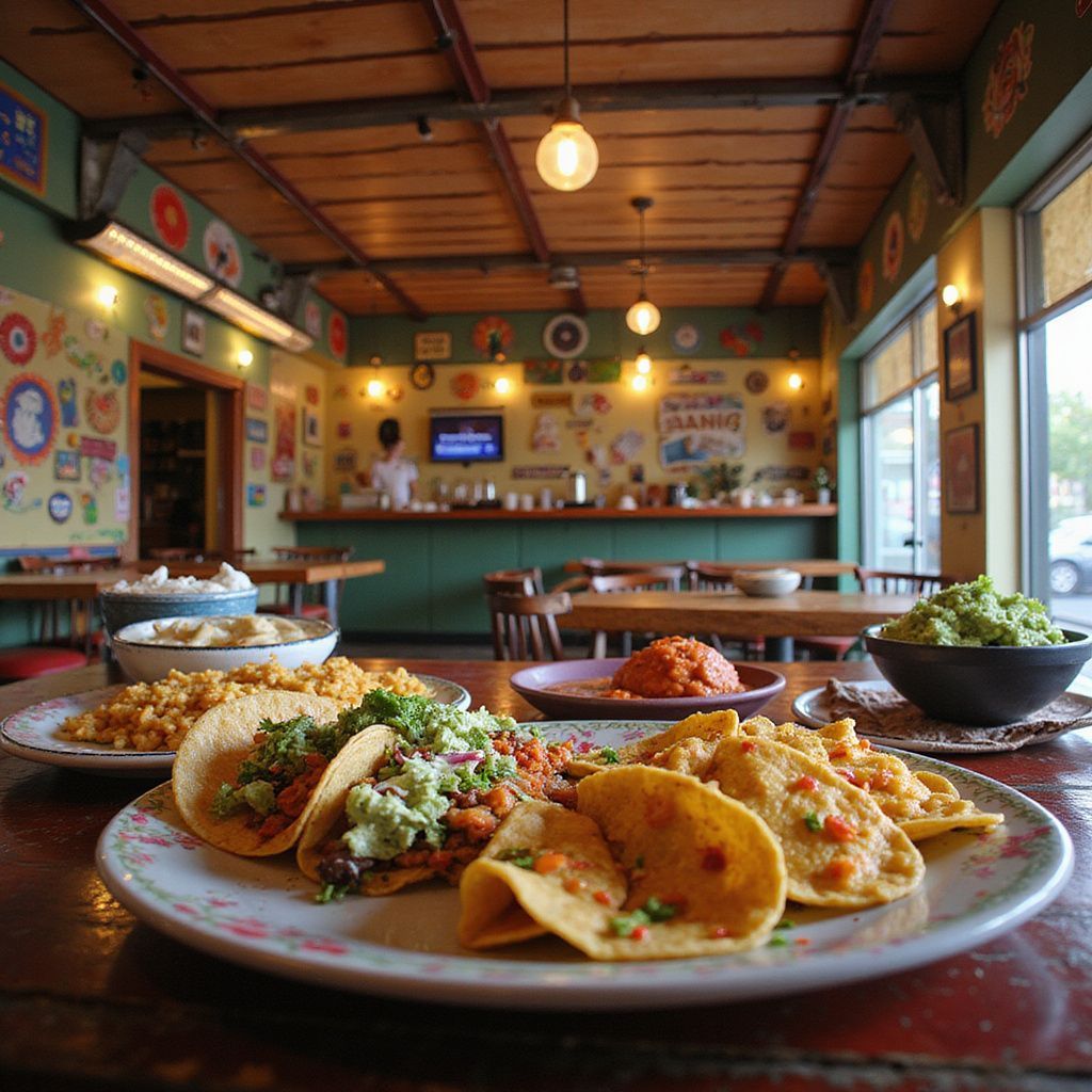 Tacos and side dishes on a wooden table in a brightly lit restaurant.