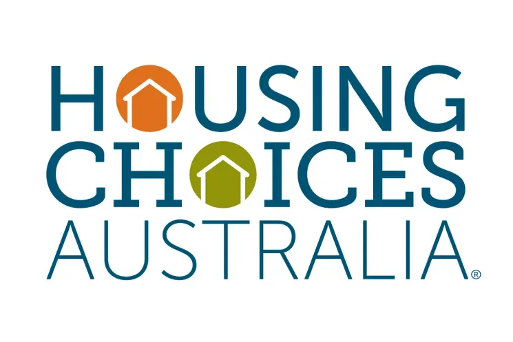 A logo for housing choices australia with a house in the middle.