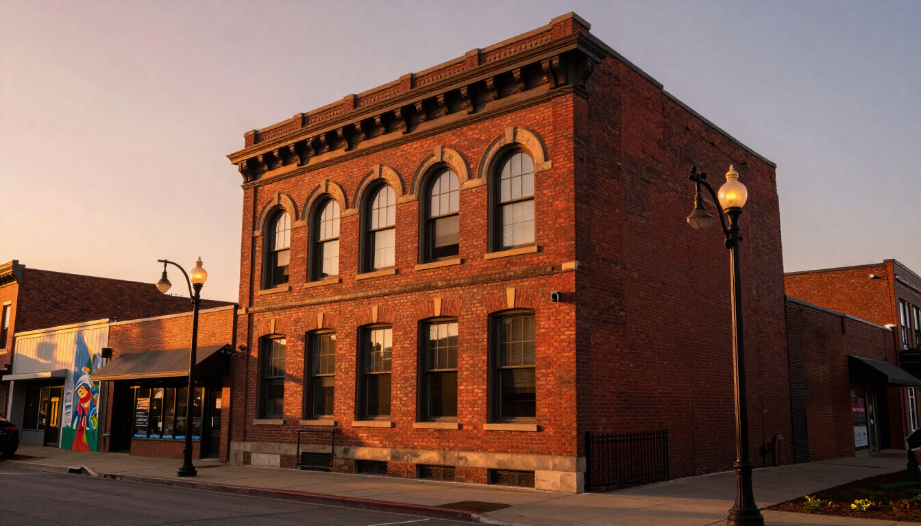 Historic brick building in the Cleveland Superior Arts District during golden hour