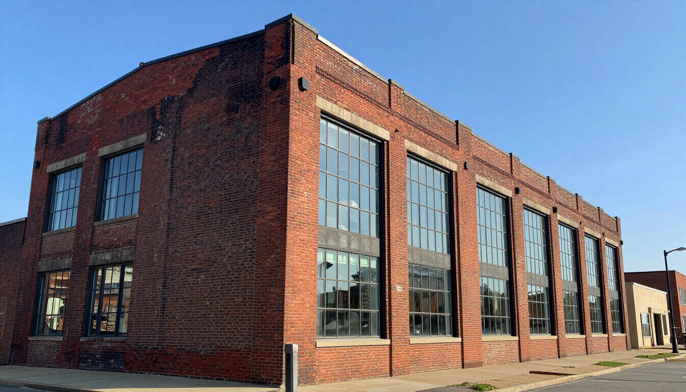 photorealistic historic industrial building exterior cleveland ohio superior arts district brick facade large windows blue sky