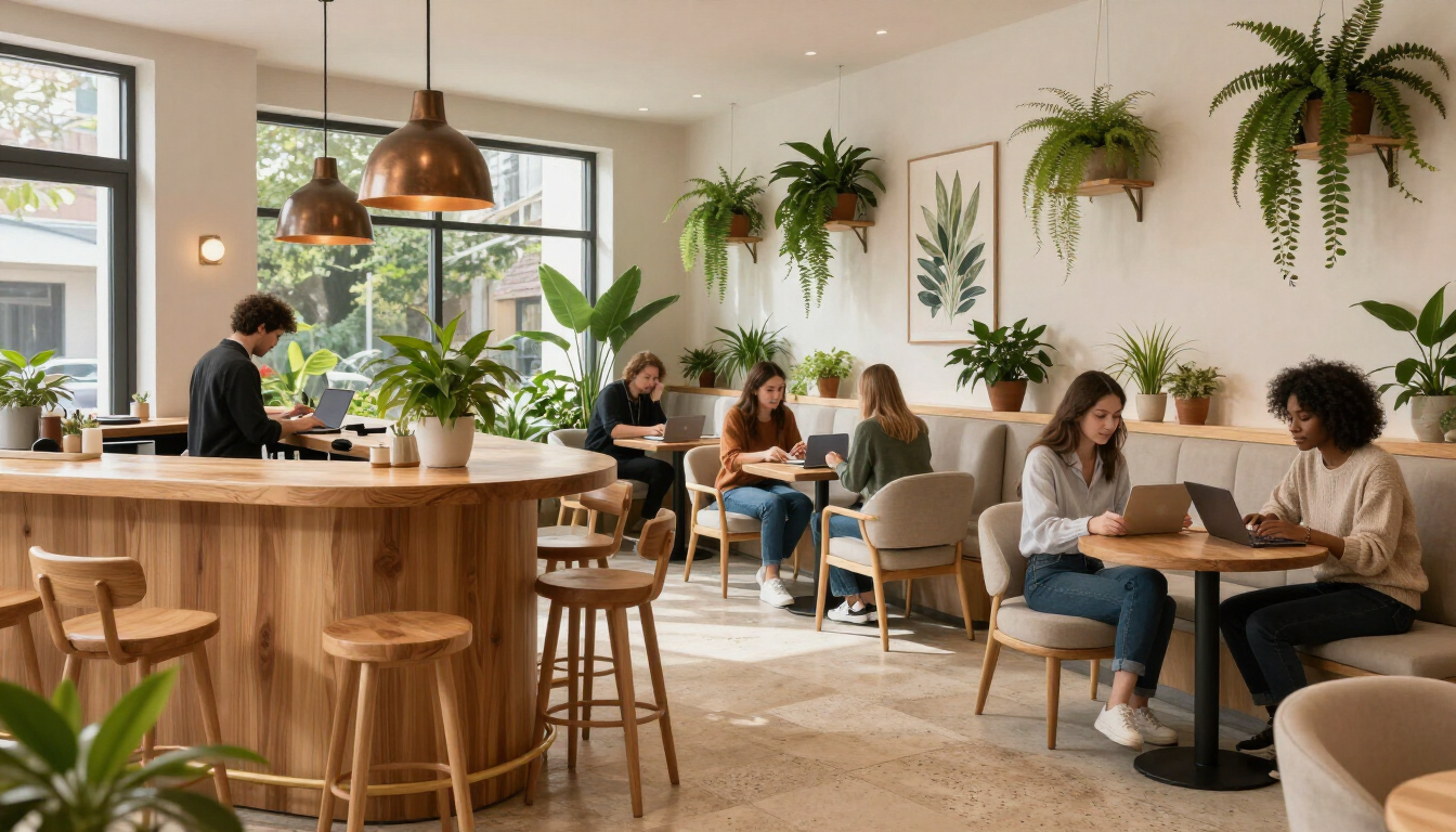 photorealistic modern organic cafe interior green goat cafe bar natural wood textures plants comfortable seating people working