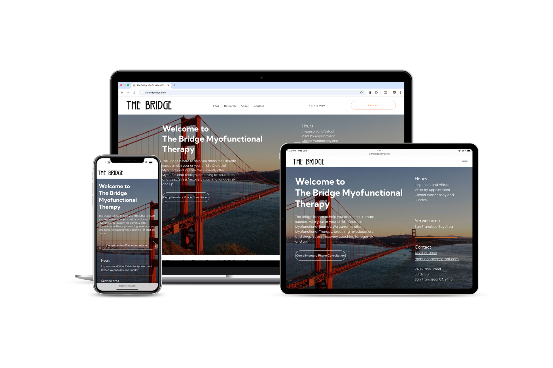 The Bridge Myofuncational Therepy's website shown on a laptop, a tablet, and a smartphone.