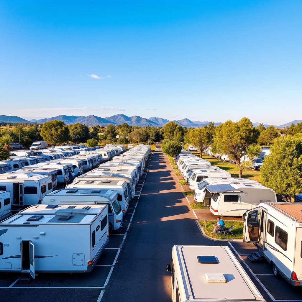 Hay muchos vehículos recreativos estacionados en un estacionamiento.