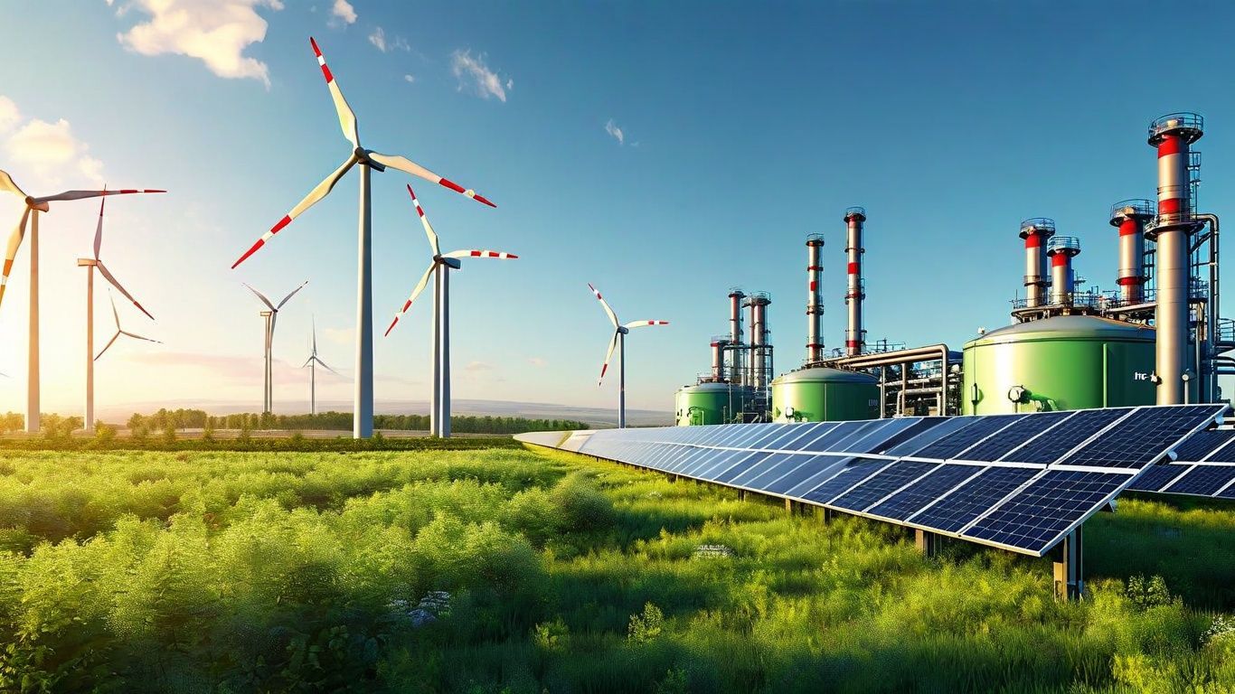 Turbine eoliche, pannelli solari e una fabbrica contro un cielo blu, che rappresentano fonti di energia rinnovabile.