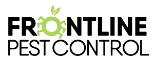 a logo for frontline pest control with a turtle on it .