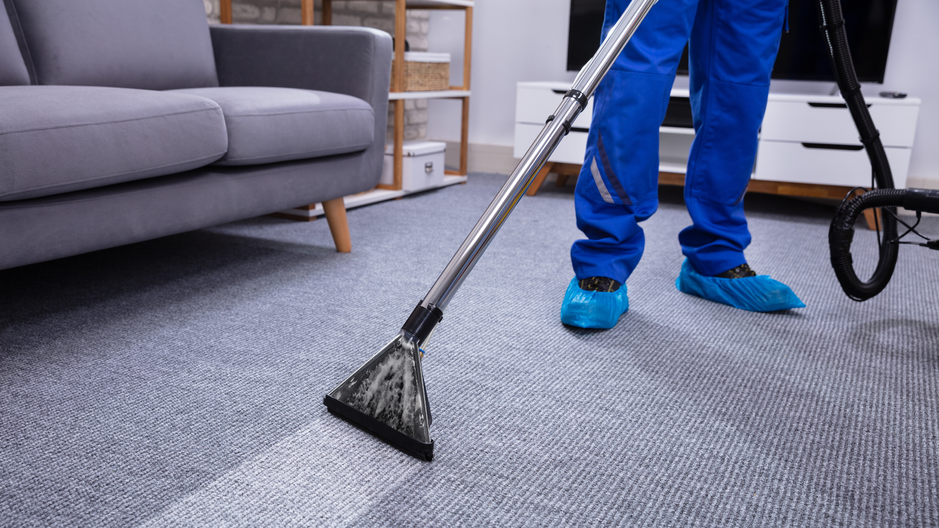 A person is cleaning a carpet with a vacuum cleaner in a living room.