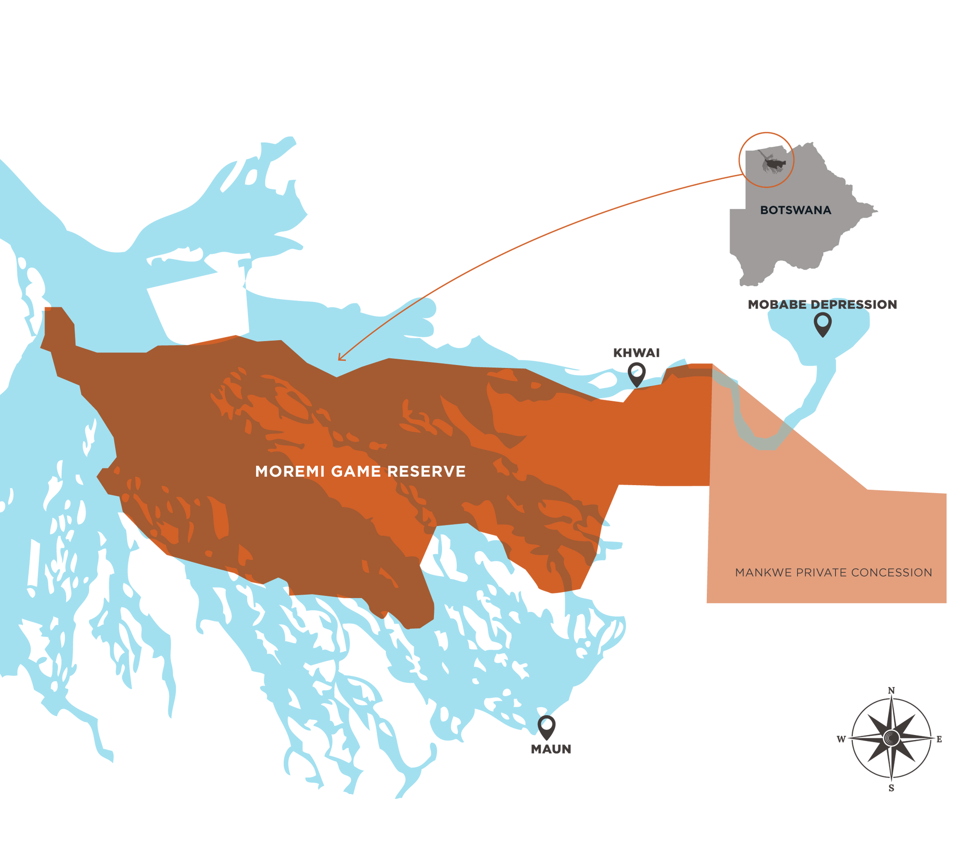 Map of Botswana, highlighting Moremi Game Reserve in brown, surrounded by waterways in blue.