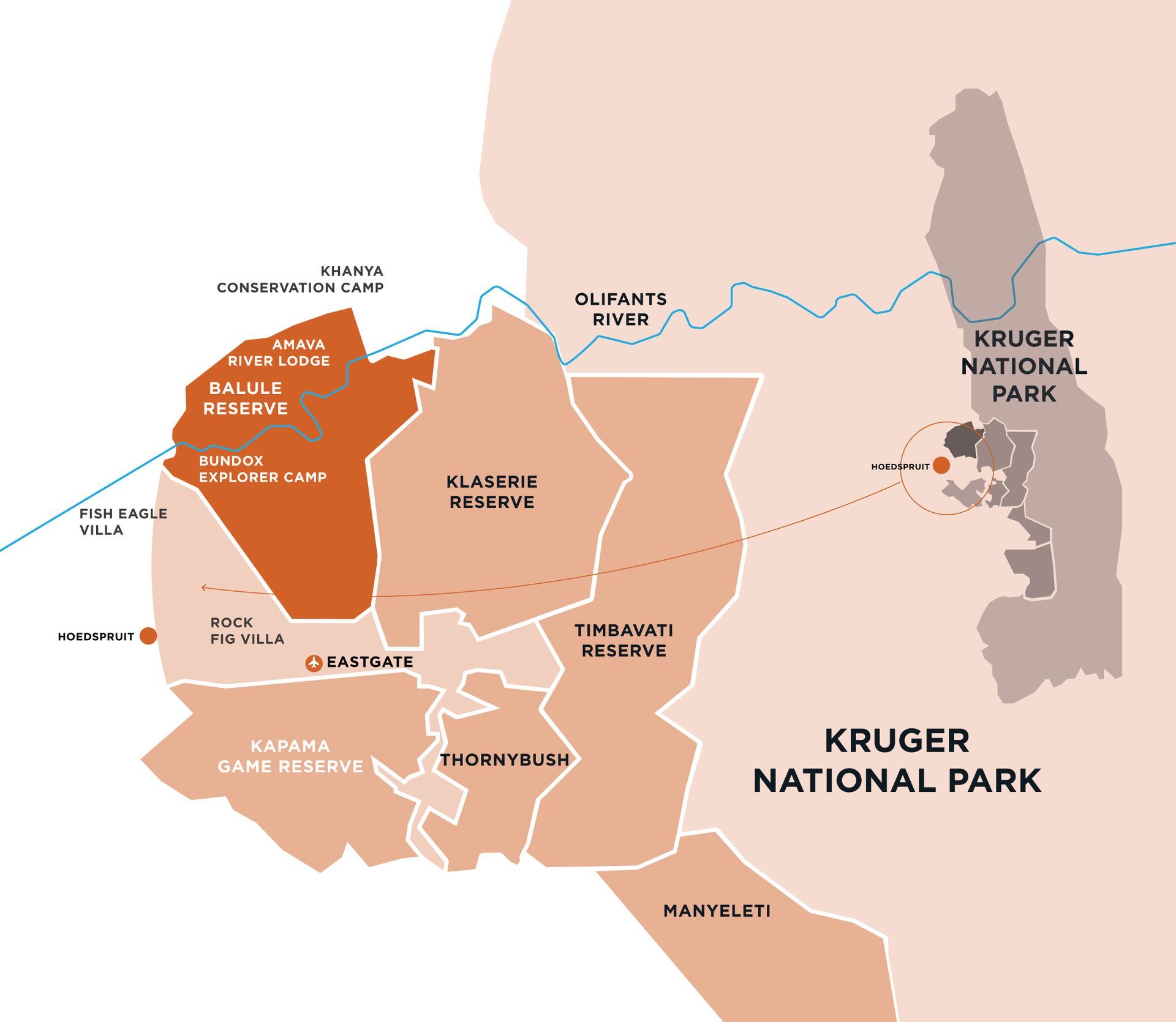 Map of Kruger National Park, showing park boundaries, reserve names, camps, and the Olifants River.