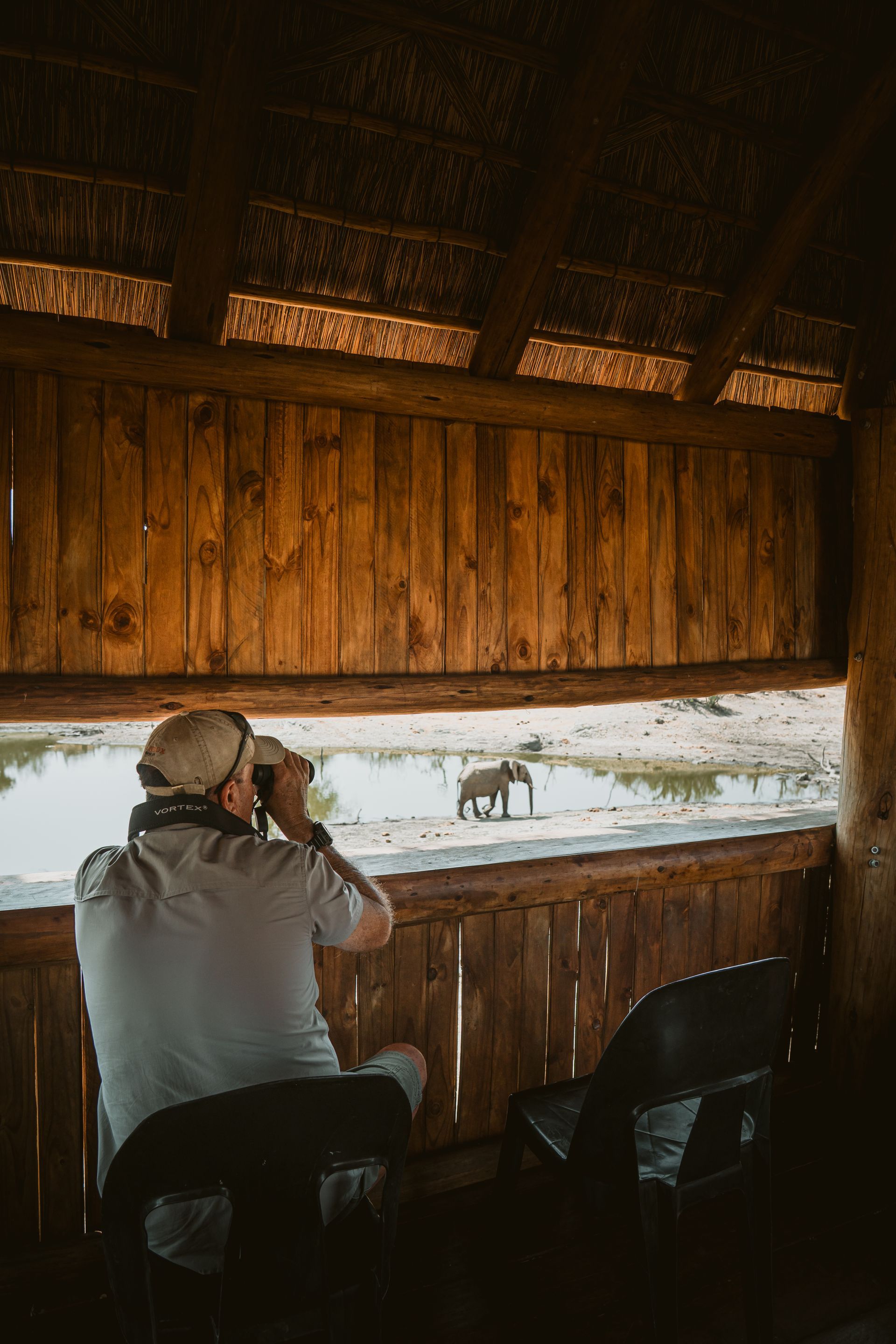 Person aiming a camera from a wooden wildlife blind toward deer in a snowy field