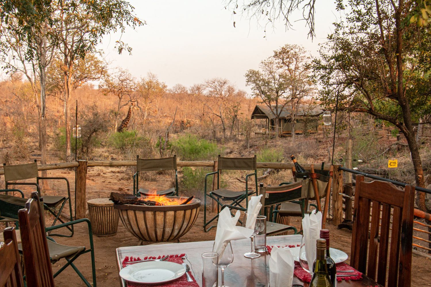 Outdoor dining area with a fire pit overlooking a dry savanna landscape.