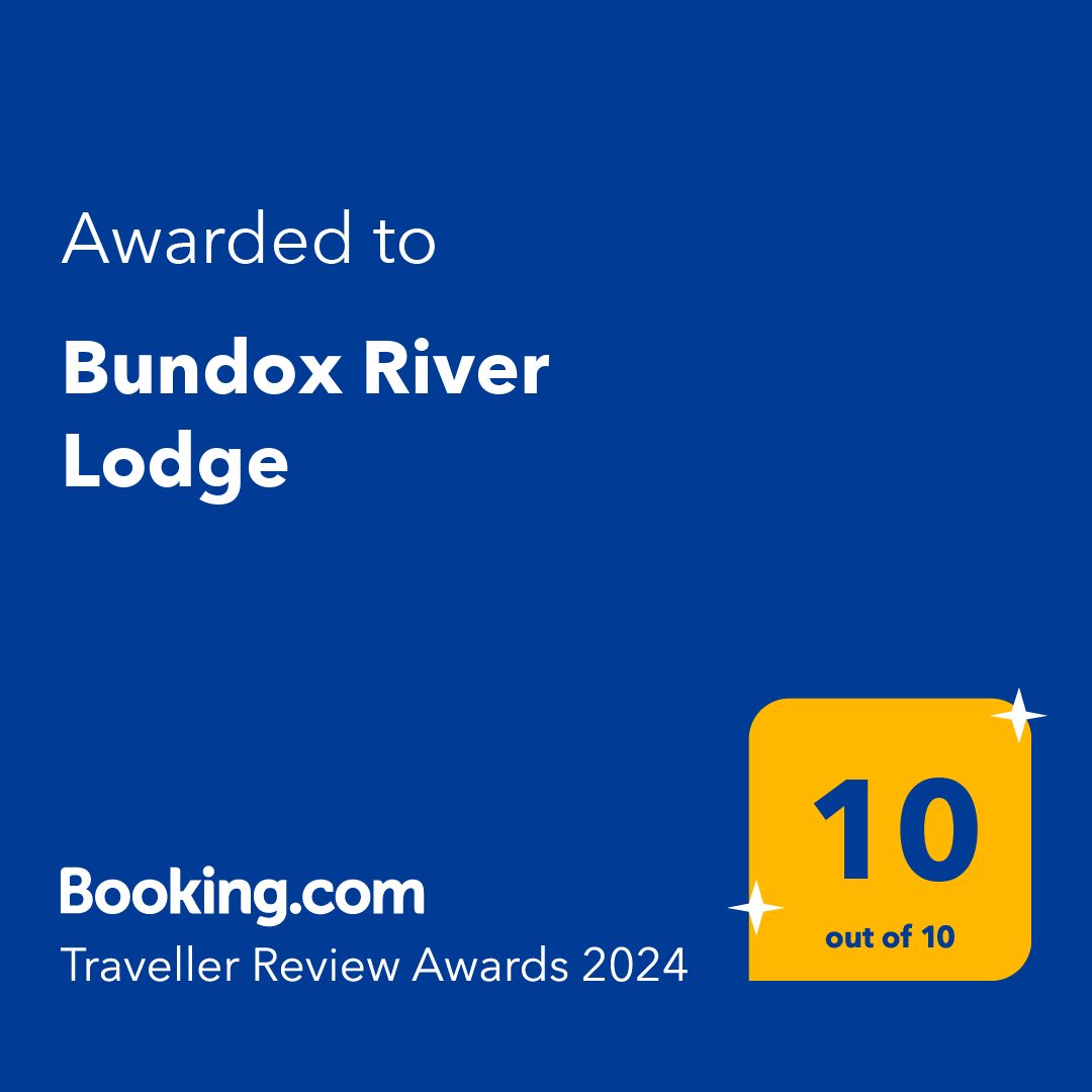 Award for Bundox River Lodge: Booking.com Traveller Review Awards 2024, score 10 out of 10, blue background, yellow square.