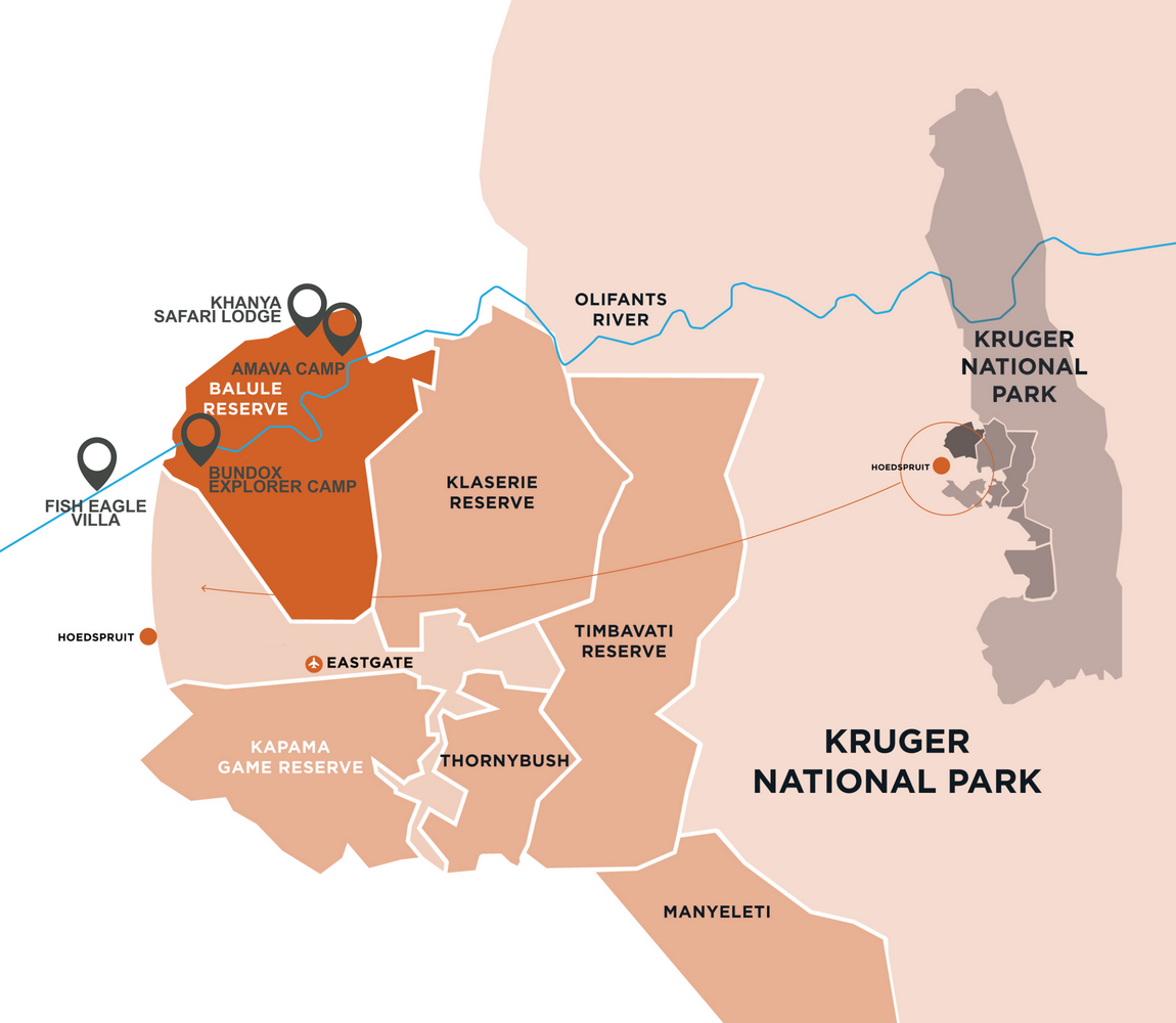Map of Kruger National Park, showing park boundaries, reserve names, camps, and the Olifants River.