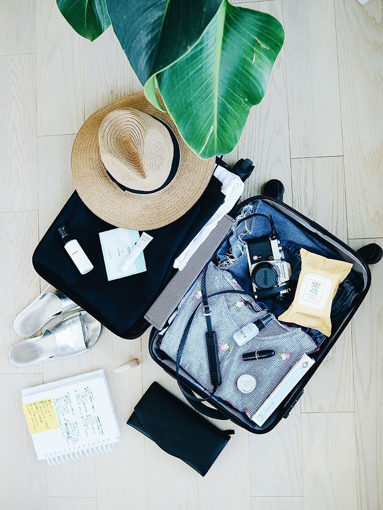 Open suitcase with clothes, hat, accessories, and plant on a light wood floor.