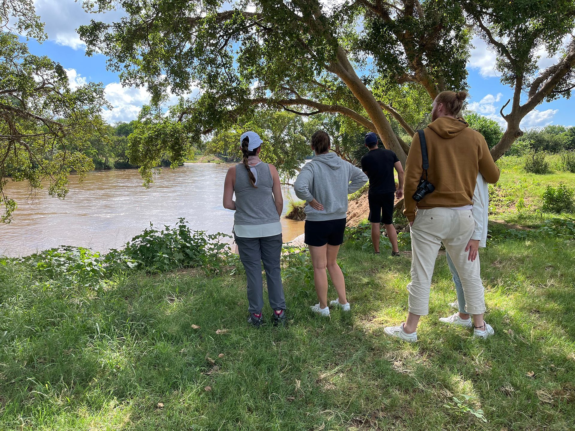 Bundox Safari guests standing near the Olifants River, looking at the water under a tree on a sunny day.
