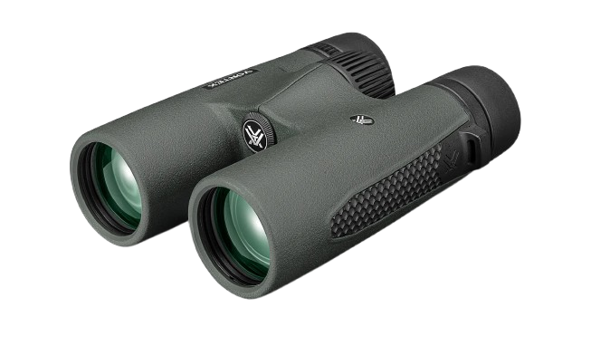 Green Vortex binoculars, angled slightly, with textured rubber casing and lens caps.