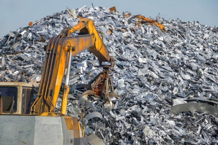 A Yellow Excavator Is Working on A Pile of Scrap Metal — H & H Metal Recycling In Noosa, QLD