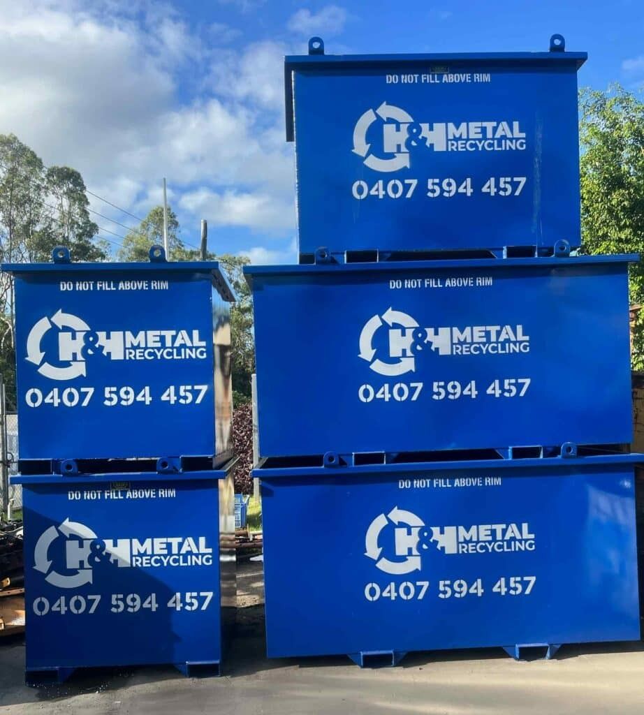 A Stack of Blue Bins for H Metal Recycling — H & H Metal Recycling In Kunda Park, QLD
