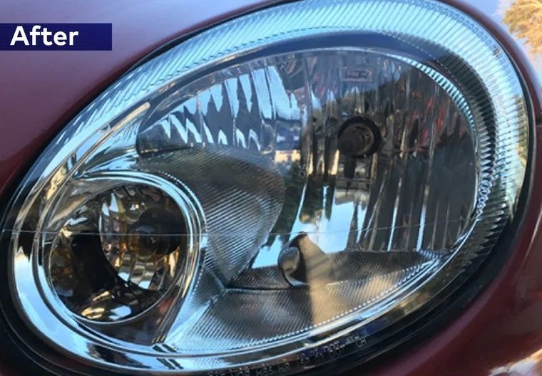 A close up of a car headlight with the words after below it