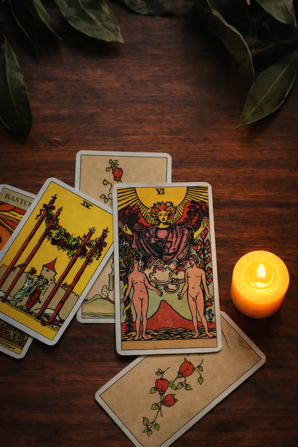 Tarot cards on a wooden table, lit candle, leafy branches, and card displaying two nude figures.