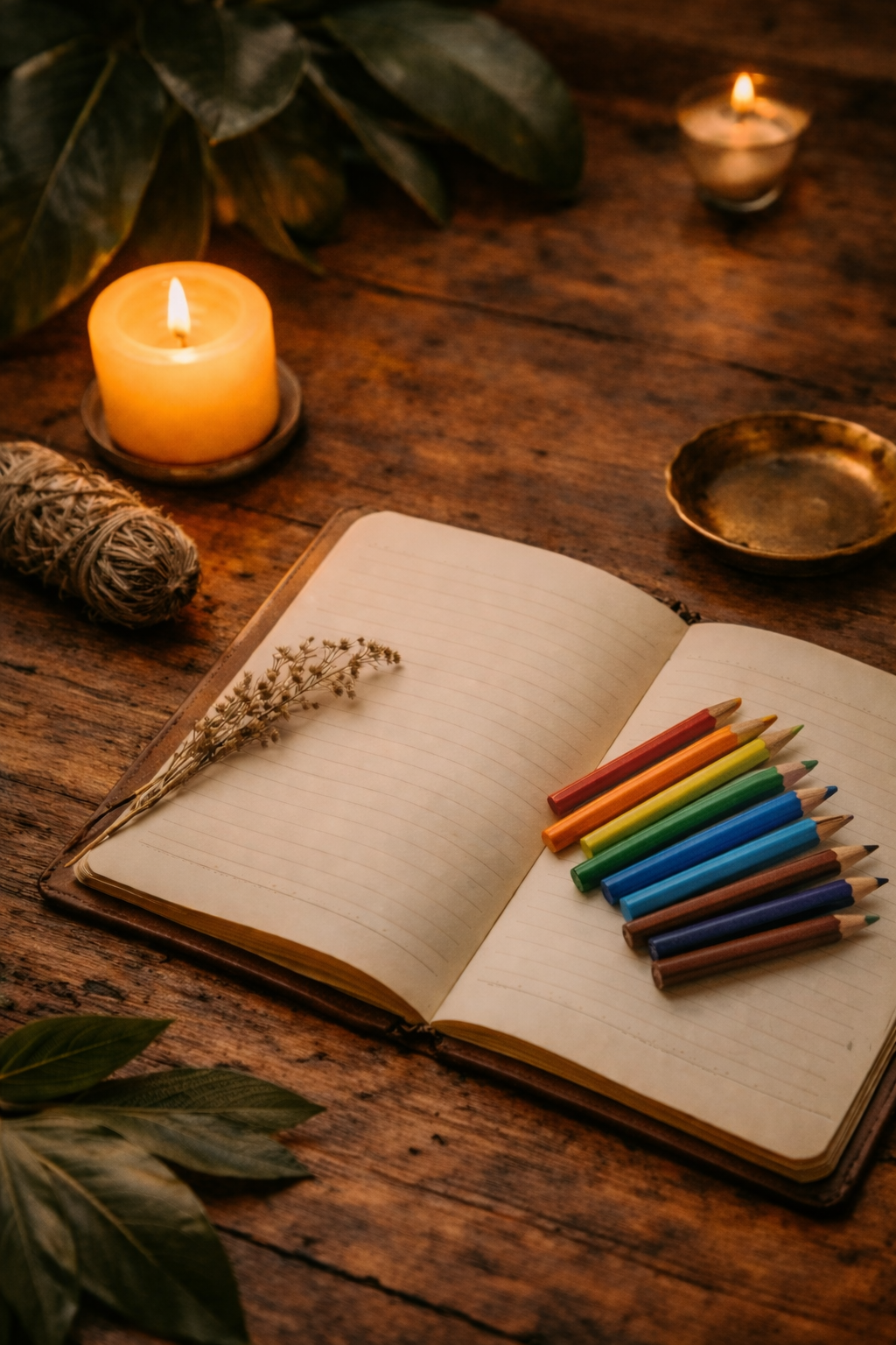 Open notebook with pen, candle, and colored pens on a wooden surface.