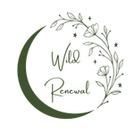 Green crescent moon and floral design with the words