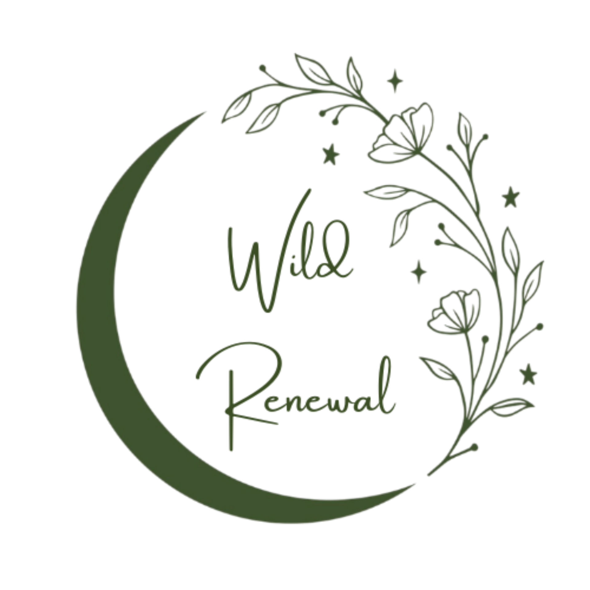 Dark green crescent moon and floral wreath surrounding the words