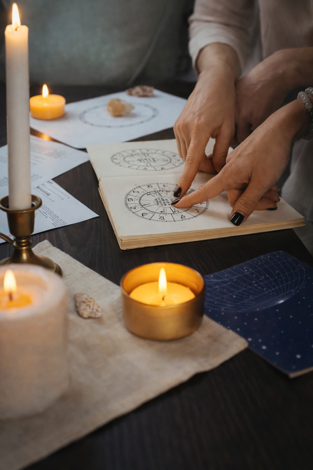 Hands pointing at a zodiac chart on a book, lit candles on table.