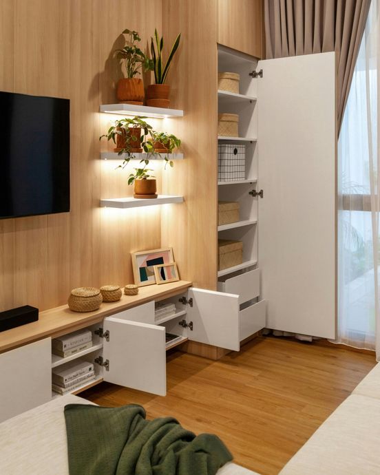 A modern living space with wooden walls, built-in storage, plants, and a TV.