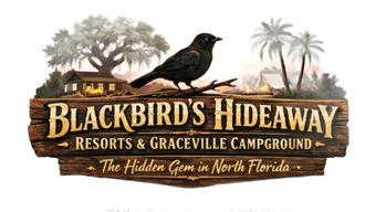 Blackbird’s Hideaway logo with a black bird on a wooden sign, palm trees, and “The Hidden Gem in North Florida” text