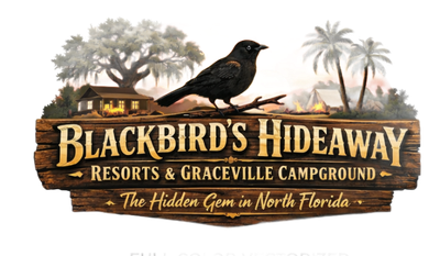 Blackbird’s Hideaway logo with a black bird on a wooden sign, palm trees, and “The Hidden Gem in North Florida” text