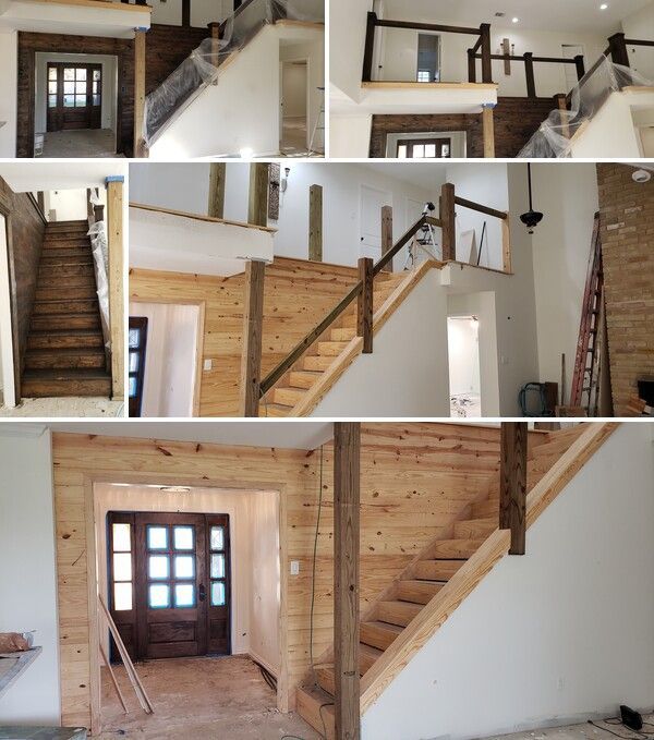 Collage of a rustic stairwell interior with wood stairs, beams, and a double front door