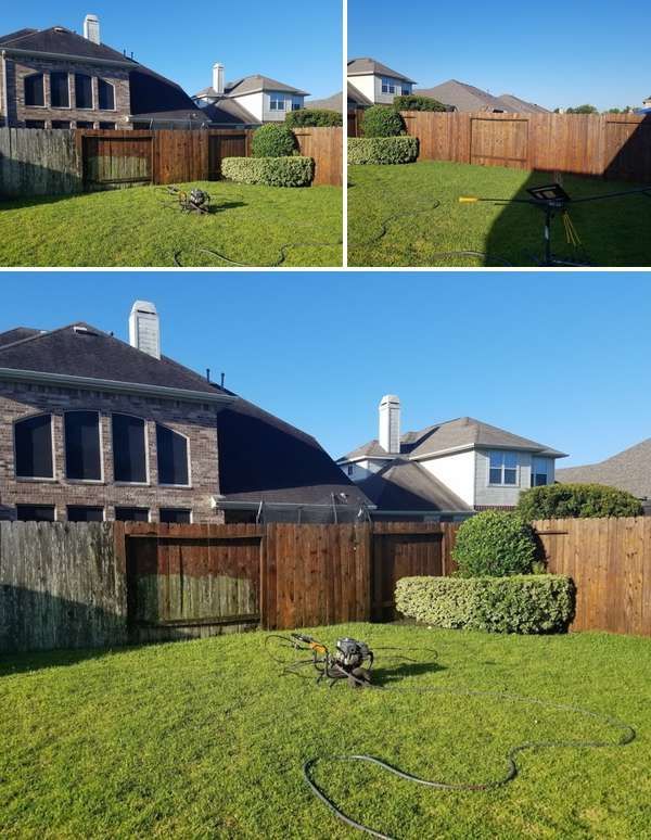 Sunny backyard with green lawn, wooden fence, and two houses in the background