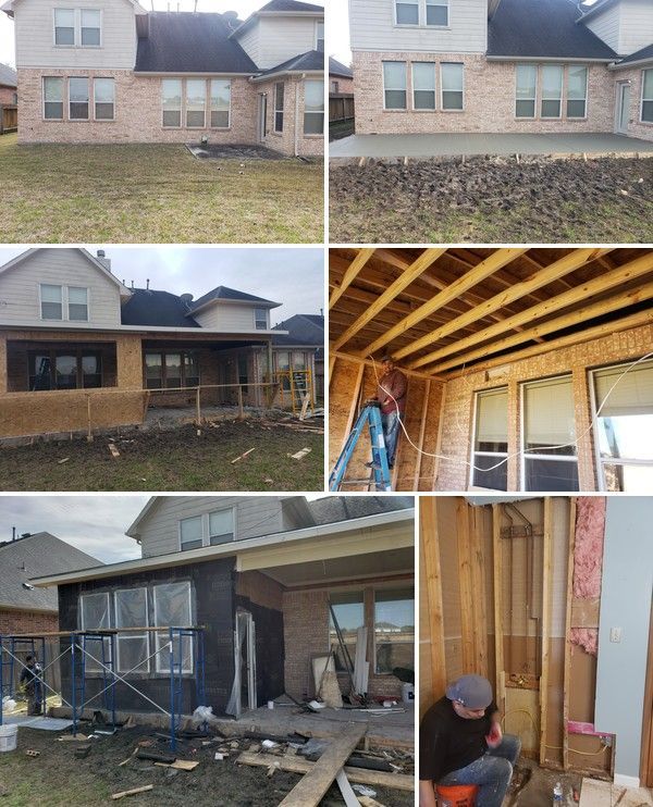 Collage of house renovation photos showing exterior siding, roof work, and interior framing under construction