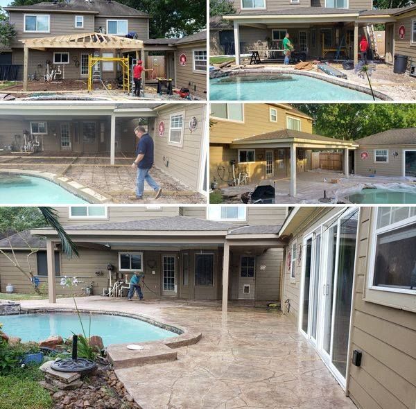 Backyard pool and patio with a house, pergola, and people working near the pool