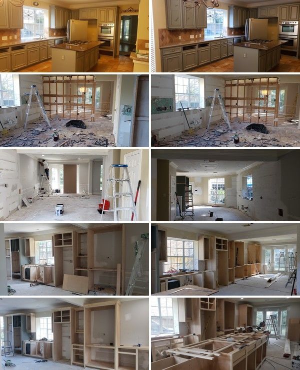 Collage of a kitchen renovation with unfinished cabinets, exposed walls, and construction debris