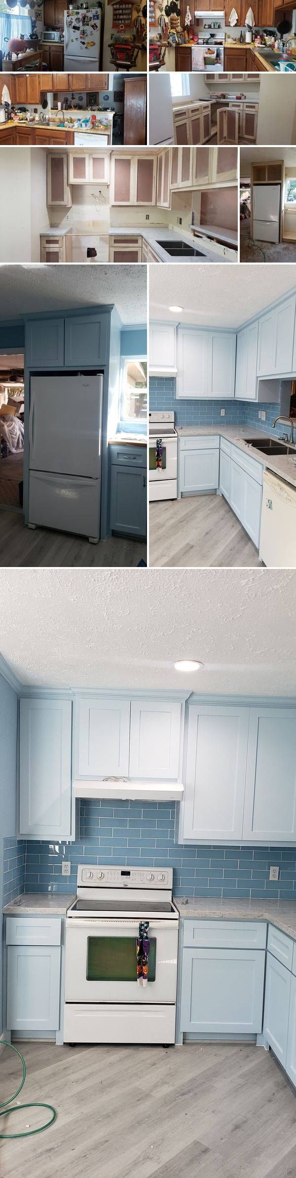 Small kitchen with white cabinets, blue walls, and a white stove and refrigerator.