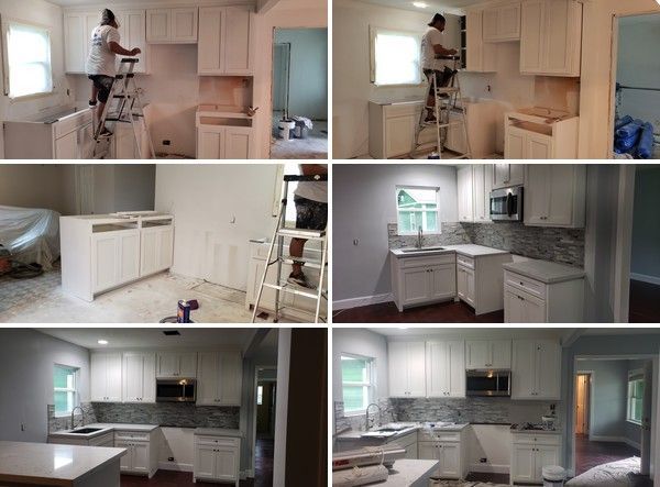 Six-panel collage of a kitchen remodeling from white cabinets to a finished gray-and-white kitchen.