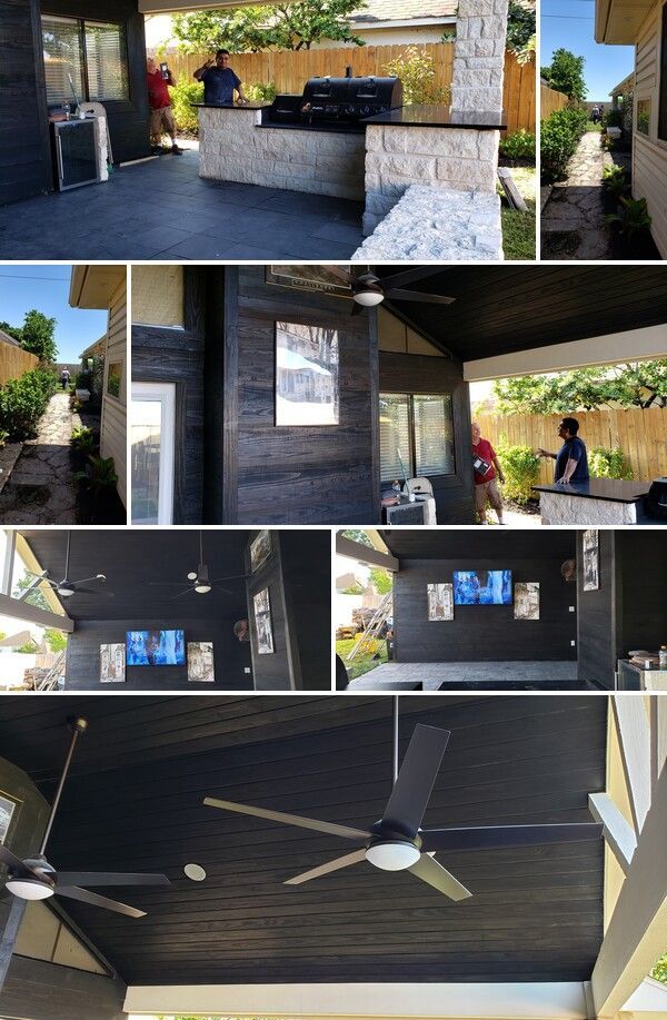 Collage of a modern outdoor patio with stone counter, dark ceiling fan, and a person near the grill