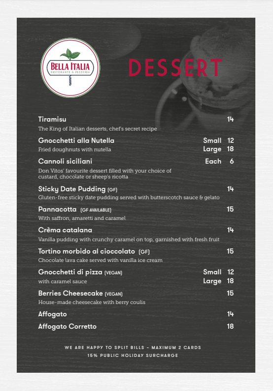 Menu | Bella Italia