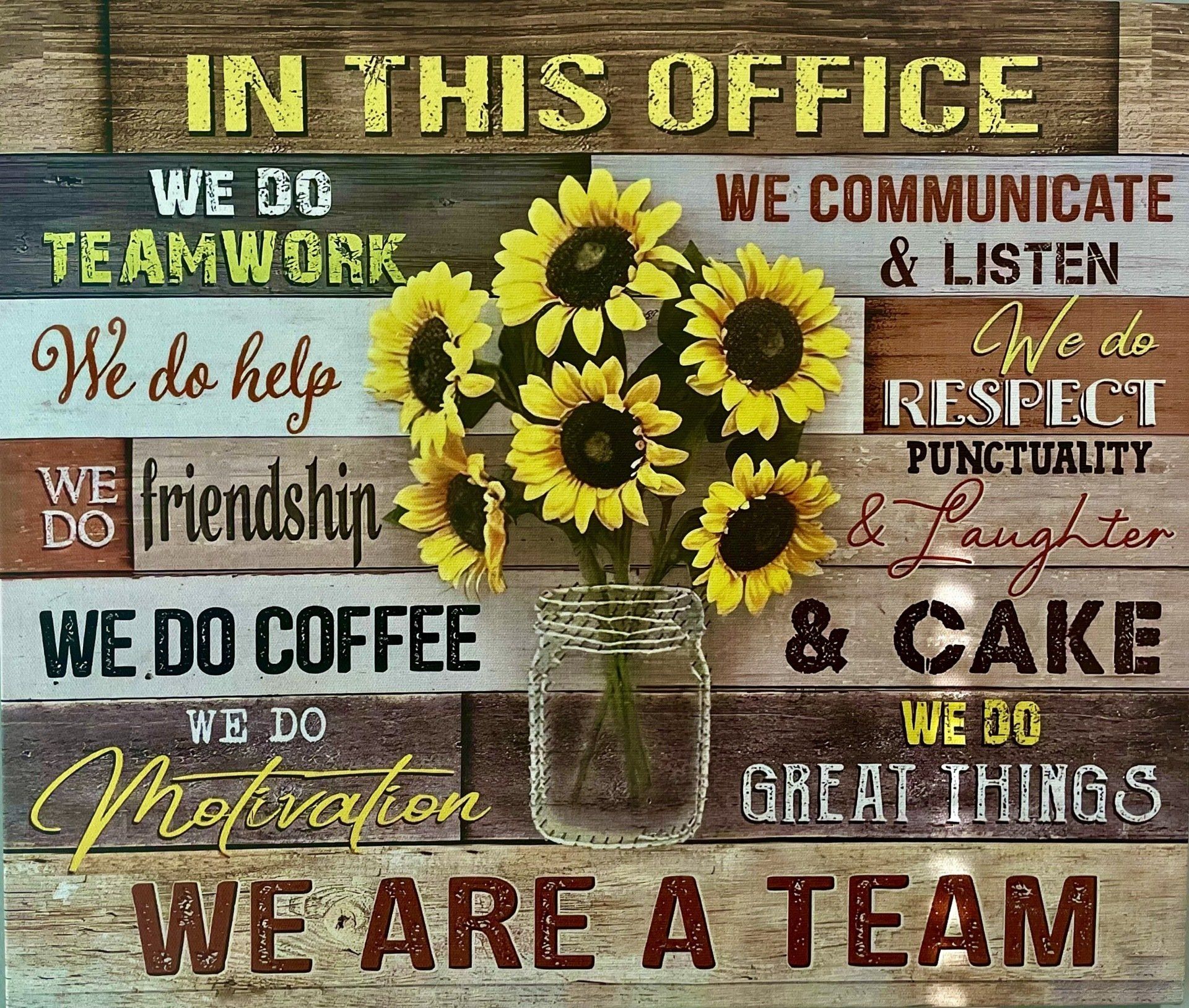 sunflowers on a custom wood background with signage