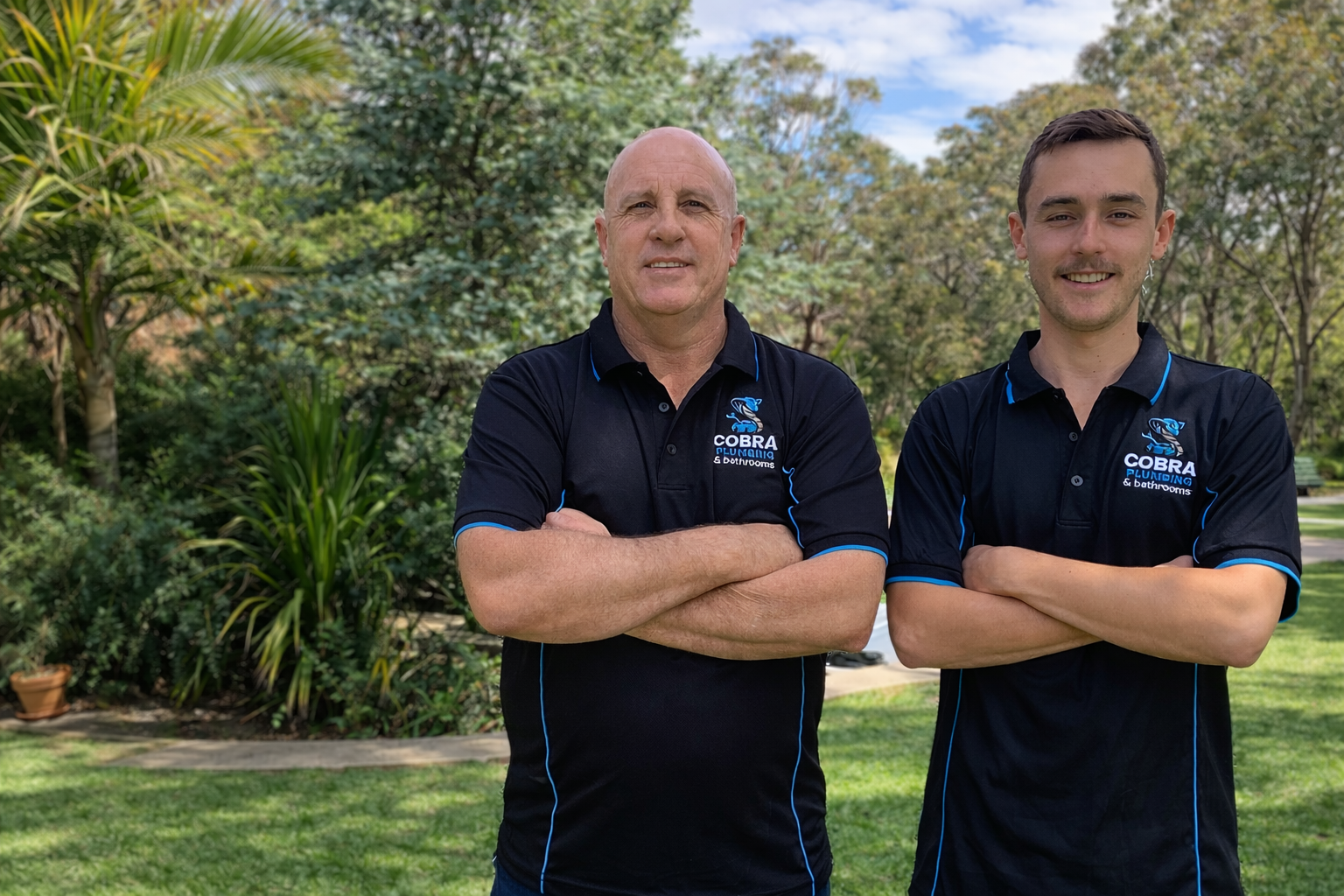 Two men in black shirts with crossed arms standing on grass in front of trees — Cobra Plumbing & Bathrooms in Heathcote, NSW