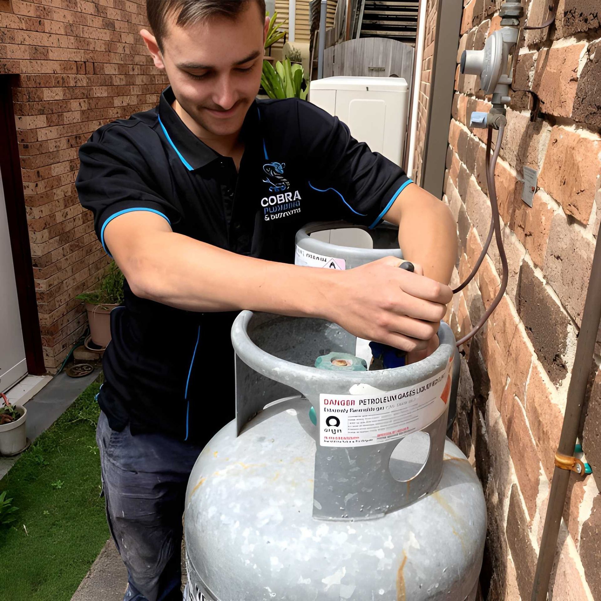 A Person in a Black Polo Shirt Connecting a Gas Line — Cobra Plumbing & Bathrooms in Heathcote, NSW