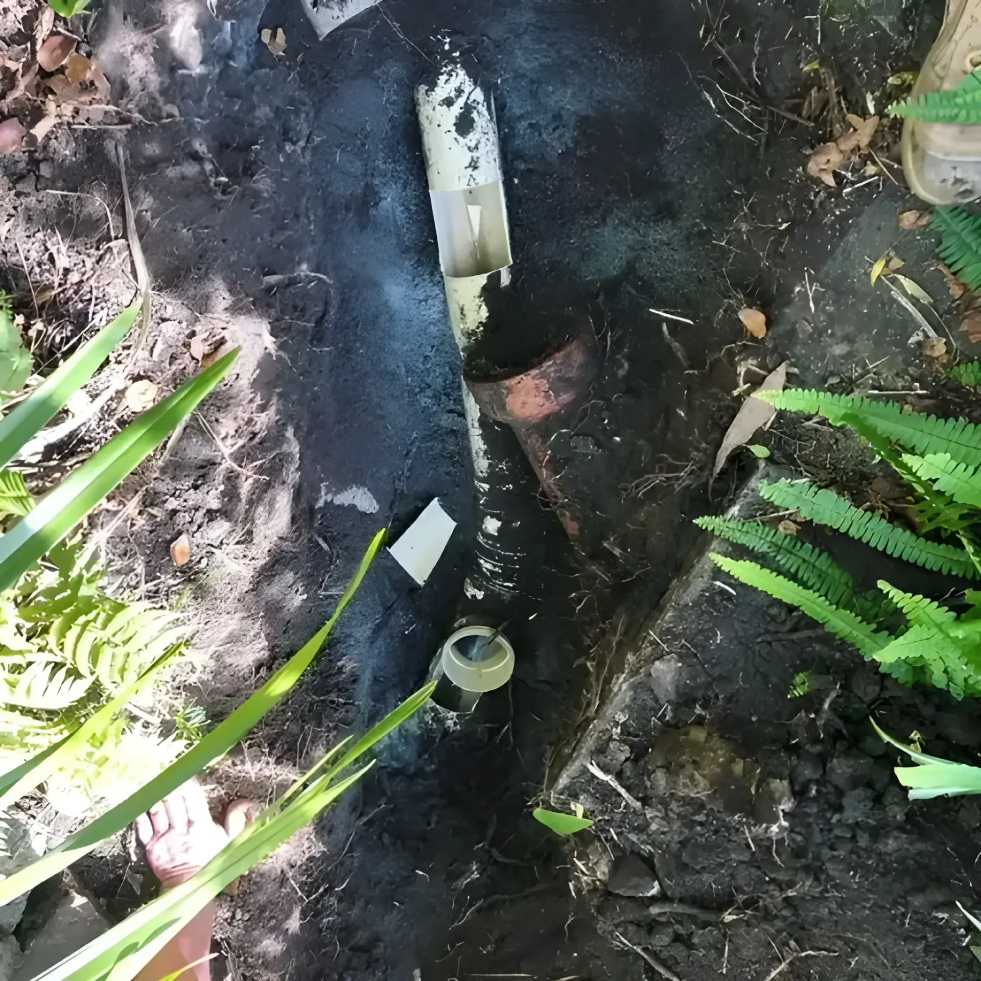 Broken Drainage Pipe in Dirt and Foliage — Cobra Plumbing & Bathrooms in Heathcote, NSW